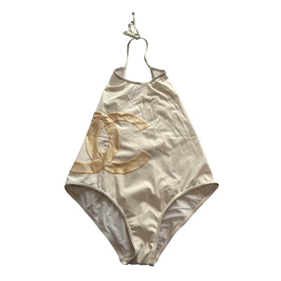 Chanel Coco Beach Collection Large CC Logo One Piece Swimsuit in White 2018 - Picture 1 of 3